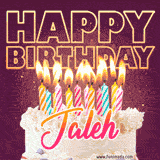 A colorful birthday cake topped with lit candles, with the words 'Happy Birthday Jaleh' in bold glowing letters on a burgundy background. Animated flames add a festive touch.