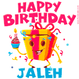 A vibrant and funny gift box character with a happy face dancing with a cupcake and the text 'Happy Birthday Jaleh,' surrounded by animated confetti and party vibes.