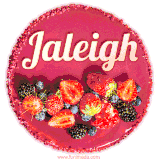 Beautifully decorated red velvet berry birthday cake with vibrant fruits and a glowing 'Jaleigh' name, adding a touch of sweetness and sparkle.