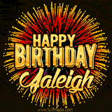 Golden 'Happy Birthday Jaleigh' text accompanied by animated rainbow fireworks for a festive animated greeting.