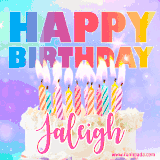A vibrant animated name GIF with the words 'Happy Birthday Jaleigh' with colorful candles on a creamy cake. The background sparkles with pastel shades, adding a festive touch.