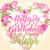 A stunning heart made of pink roses surrounds the elegant script text 'Happy Birthday Jaleigh' on a soft beige background. Animated sparkles add a magical and festive feel.