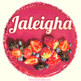 Beautifully decorated red velvet berry birthday cake with vibrant fruits and a glowing 'Jaleigha' name, adding a touch of sweetness and sparkle.