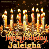 A glowing personalized birthday GIF with name Jaleigha featuring lit candles with intricate designs, warm lighting, and the text 'Happy Birthday' in an elegant font.