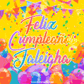 A bright and festive GIF with the text 'Feliz Cumpleaños Jaleigha' in Spanish in colorful fonts, surrounded by confetti, balloons, and festive banners on a vibrant yellow background.