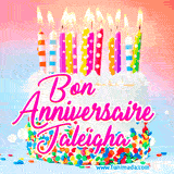A white birthday cake covered in colorful sprinkles, topped with bright candles, and French text 'Bon Anniversaire Jaleigha' on a pastel gradient background in an animated GIF.