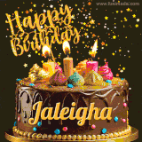 A delightful chocolate birthday cake with bright candles and 'Happy Birthday Jaleigha' written in gold amidst a shower of animated stars.