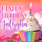 A vibrant birthday GIF featuring a rainbow-colored cupcake topped with white frosting, sprinkles, and a lit candle. The text reads 'Happy Birthday Jaleigha' in bold pink and violet letters with white outline.
