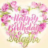 A stunning heart made of pink roses surrounds the elegant script text 'Happy Birthday Jaleigha' on a soft beige background. Animated sparkles add a magical and festive feel.