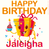 A vibrant and funny gift box character with a happy face dancing with a cupcake and the text 'Happy Birthday Jaleigha,' surrounded by animated confetti and party vibes.
