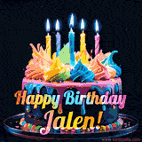 A vibrant animated GIF featuring a colorful rotating birthday cake with bright frosting swirls, glowing candles, and the text 'Happy Birthday Jalen!' in rainbow colors.