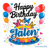 Shimmering colors and scattered confetti around a personalized cake with butterflies and balloons for Jalen.