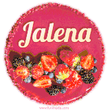 Beautifully decorated red velvet berry birthday cake with vibrant fruits and a glowing 'Jalena' name, adding a touch of sweetness and sparkle.