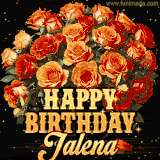 Animated bouquet of orange roses with moving butterfles and golden 'Happy Birthday Jalena' text, surrounded by sparkling accents and a dark backdrop for a luxurious feel.