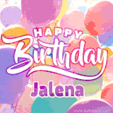 A vibrant name GIF featuring colorful balloons in shades of pink, orange, and yellow with the bold text 'Happy Birthday Jalena' in festive fonts, creating a lively birthday vibe.