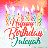 Bright birthday candles with rainbow flames on a cake, alongside the text 'Happy Birthday Jaleyah' in vibrant script in this celebratory animated GIF.