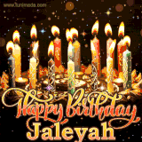 A glowing personalized birthday GIF with name Jaleyah featuring lit candles with intricate designs, warm lighting, and the text 'Happy Birthday' in an elegant font.