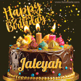 A delightful chocolate birthday cake with bright candles and 'Happy Birthday Jaleyah' written in gold amidst a shower of animated stars.