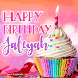 A vibrant birthday GIF featuring a rainbow-colored cupcake topped with white frosting, sprinkles, and a lit candle. The text reads 'Happy Birthday Jaleyah' in bold pink and violet letters with white outline.