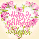 A stunning heart made of pink roses surrounds the elegant script text 'Happy Birthday Jaleyah' on a soft beige background. Animated sparkles add a magical and festive feel.