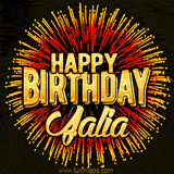 Golden 'Happy Birthday Jalia' text accompanied by animated rainbow fireworks for a festive animated greeting.