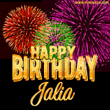 A golden 'Happy Birthday Jalia' message with vibrant fireworks in the background, creating a festive and celebratory vibe in this animated name GIF.