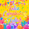 A bright and festive GIF with the text 'Feliz Cumpleaños Jaliah' in Spanish in colorful fonts, surrounded by confetti, balloons, and festive banners on a vibrant yellow background.