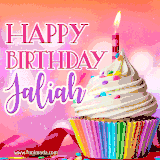 A vibrant birthday GIF featuring a rainbow-colored cupcake topped with white frosting, sprinkles, and a lit candle. The text reads 'Happy Birthday Jaliah' in bold pink and violet letters with white outline.
