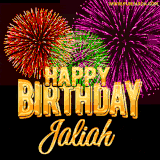 A golden 'Happy Birthday Jaliah' message with vibrant fireworks in the background, creating a festive and celebratory vibe in this animated name GIF.