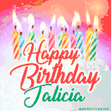 Bright birthday candles with rainbow flames on a cake, alongside the text 'Happy Birthday Jalicia' in vibrant script in this celebratory animated GIF.