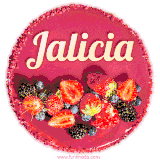 Beautifully decorated red velvet berry birthday cake with vibrant fruits and a glowing 'Jalicia' name, adding a touch of sweetness and sparkle.