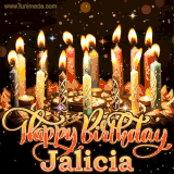 A glowing personalized birthday GIF with name Jalicia featuring lit candles with intricate designs, warm lighting, and the text 'Happy Birthday' in an elegant font.