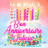 A white birthday cake covered in colorful sprinkles, topped with bright candles, and French text 'Bon Anniversaire Jalicia' on a pastel gradient background in an animated GIF.