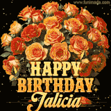 Animated bouquet of orange roses with moving butterfles and golden 'Happy Birthday Jalicia' text, surrounded by sparkling accents and a dark backdrop for a luxurious feel.