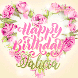 A stunning heart made of pink roses surrounds the elegant script text 'Happy Birthday Jalicia' on a soft beige background. Animated sparkles add a magical and festive feel.