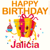 A vibrant and funny gift box character with a happy face dancing with a cupcake and the text 'Happy Birthday Jalicia,' surrounded by animated confetti and party vibes.