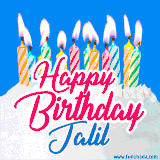 A cheerful animated GIF featuring colorful lit birthday candles on a white cake, with the text 'Happy Birthday Jalil' in bold red and blue script on a bright blue background.
