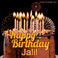 A rich chocolate cake topped with glowing birthday candles and surrounded by bright fireworks. The animated GIF displays the message 'Happy Birthday Jalil' in golden text.