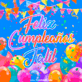 A vibrant animated GIF with 'Feliz Cumpleaños Jalil' written in colorful script, surrounded by balloons, confetti, and bunting on a bright blue background.