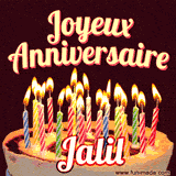 A Happy Birthday GIF in French featuring a festive birthday cake adorned with bright candles and the glowing text 'Joyeux Anniversaire Jalil' in a cheerful style.