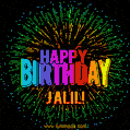 A colorful animated GIF featuring the text 'Happy Birthday Jalil!' in rainbow colors with a dynamic iridescent firework display in the background.