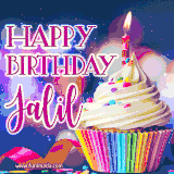 A festive animated GIF featuring a colorful cupcake with a single lit candle, sprinkles, and 'Happy Birthday Jalil' text against a sparkling, celebratory background.