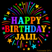 Vibrant animated GIF with 'Happy Birthday Jalil' in rainbow-colored text, surrounded by colorful stars and fireworks on a black background.
