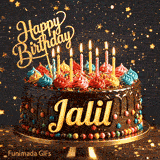 Happy Birthday Jalil animated GIF featuring a chocolate drip cake with colorful frosting dollops and glowing candles.