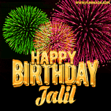 A captivating GIF with bursts of green, pink, and orange fireworks lighting up the night sky, accompanied by 'Happy Birthday Jalil' in glowing golden text.