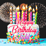 A lively happy birthday animated GIF showcasing a colorful birthday cake covered in sprinkles, topped with glowing candles, and surrounded by vibrant fireworks. The name 'Jalil' is featured in elegant script.