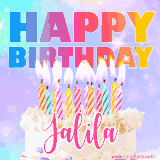 A vibrant animated name GIF with the words 'Happy Birthday Jalila' with colorful candles on a creamy cake. The background sparkles with pastel shades, adding a festive touch.