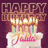 A colorful birthday cake topped with lit candles, with the words 'Happy Birthday Jalila' in bold glowing letters on a burgundy background. Animated flames add a festive touch.