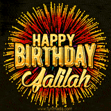 Golden 'Happy Birthday Jalilah' text accompanied by animated rainbow fireworks for a festive animated greeting.