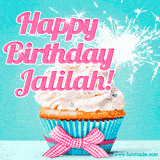 A festive cupcake with pink icing, a gingham bow, and a lit animated sparkler, paired with 'Happy Birthday Jalilah!' in bright pink text.